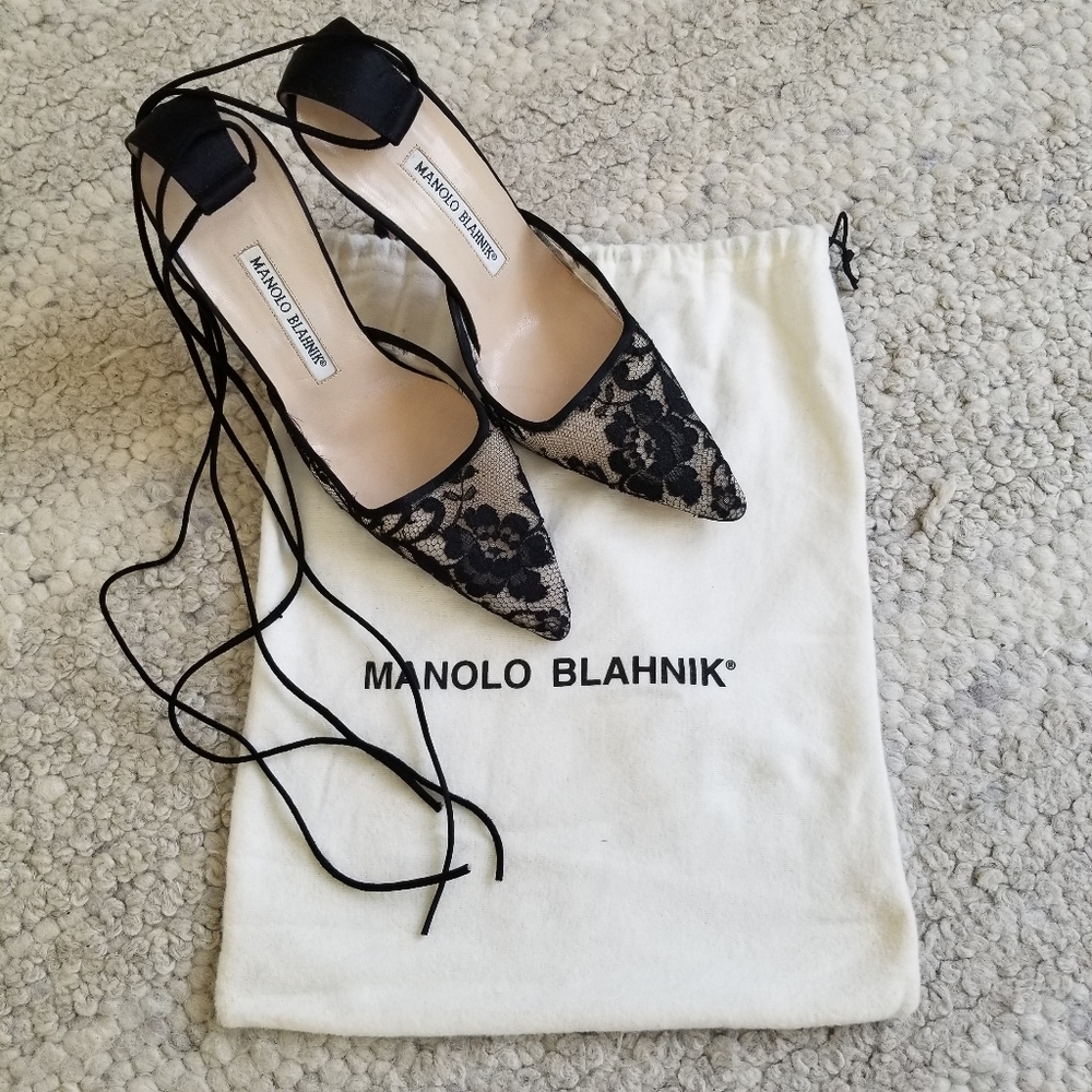 Manolo Blahnik Black Lace D'Orsay Lace Up Heels Size 36.5